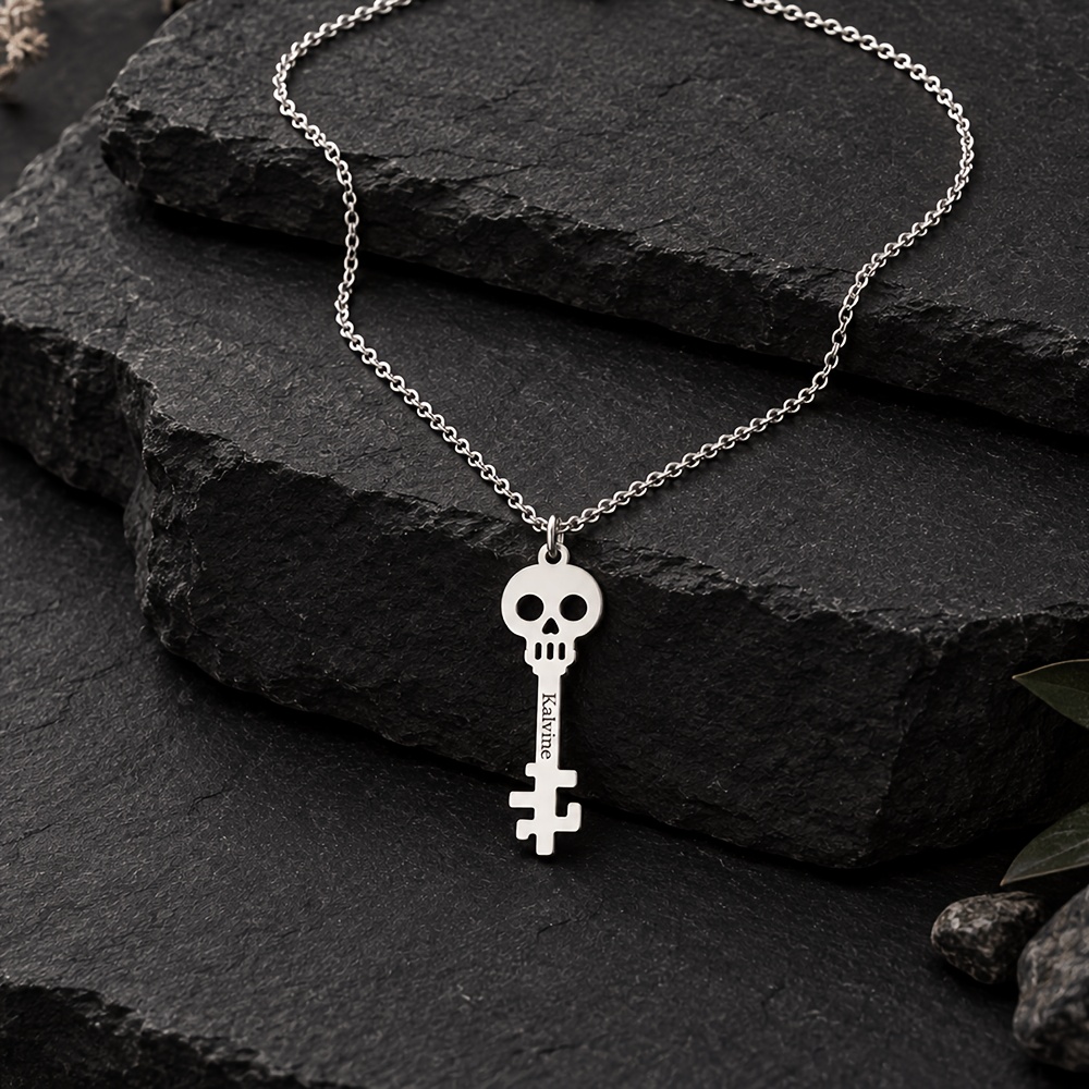 Personalized Custom Skull Key Name Necklace, Unique Design